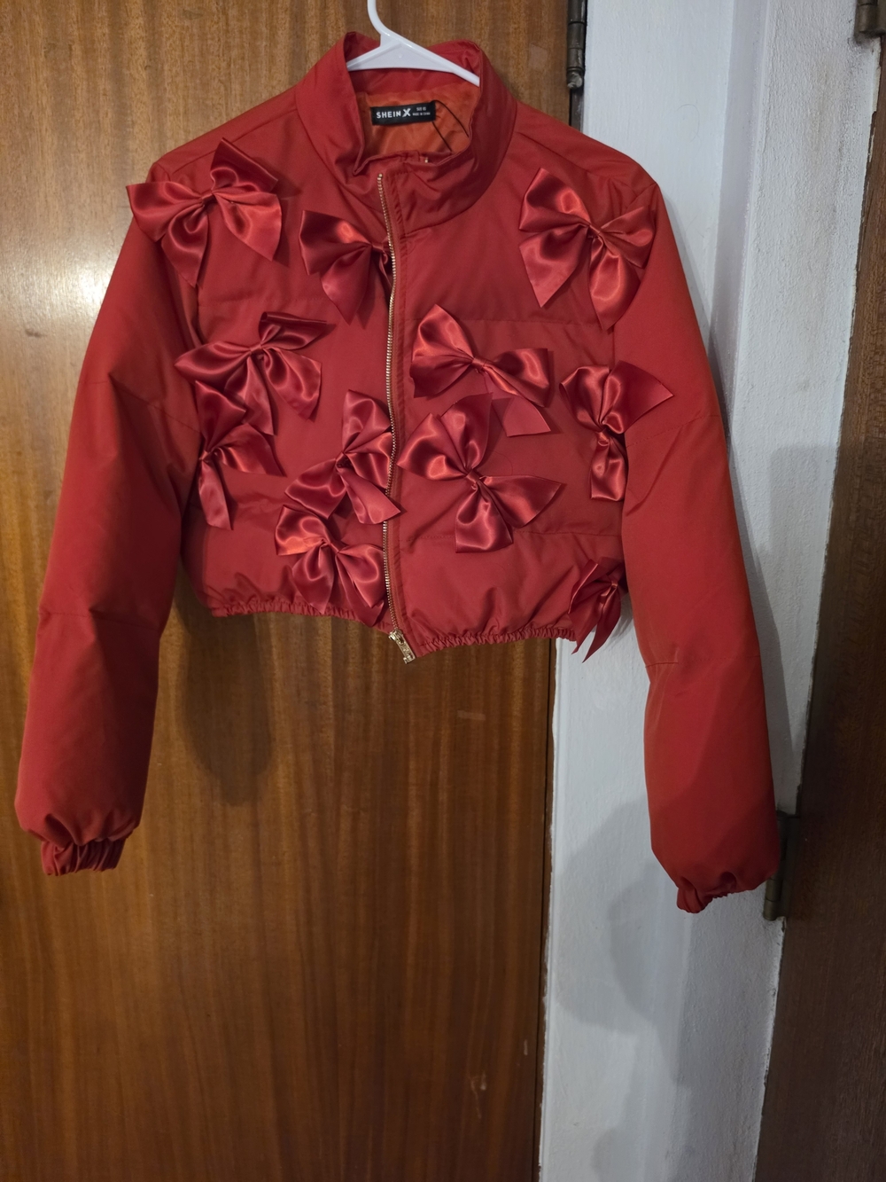 SHEIN Red Satin Bow Cropped Bomber Jacket